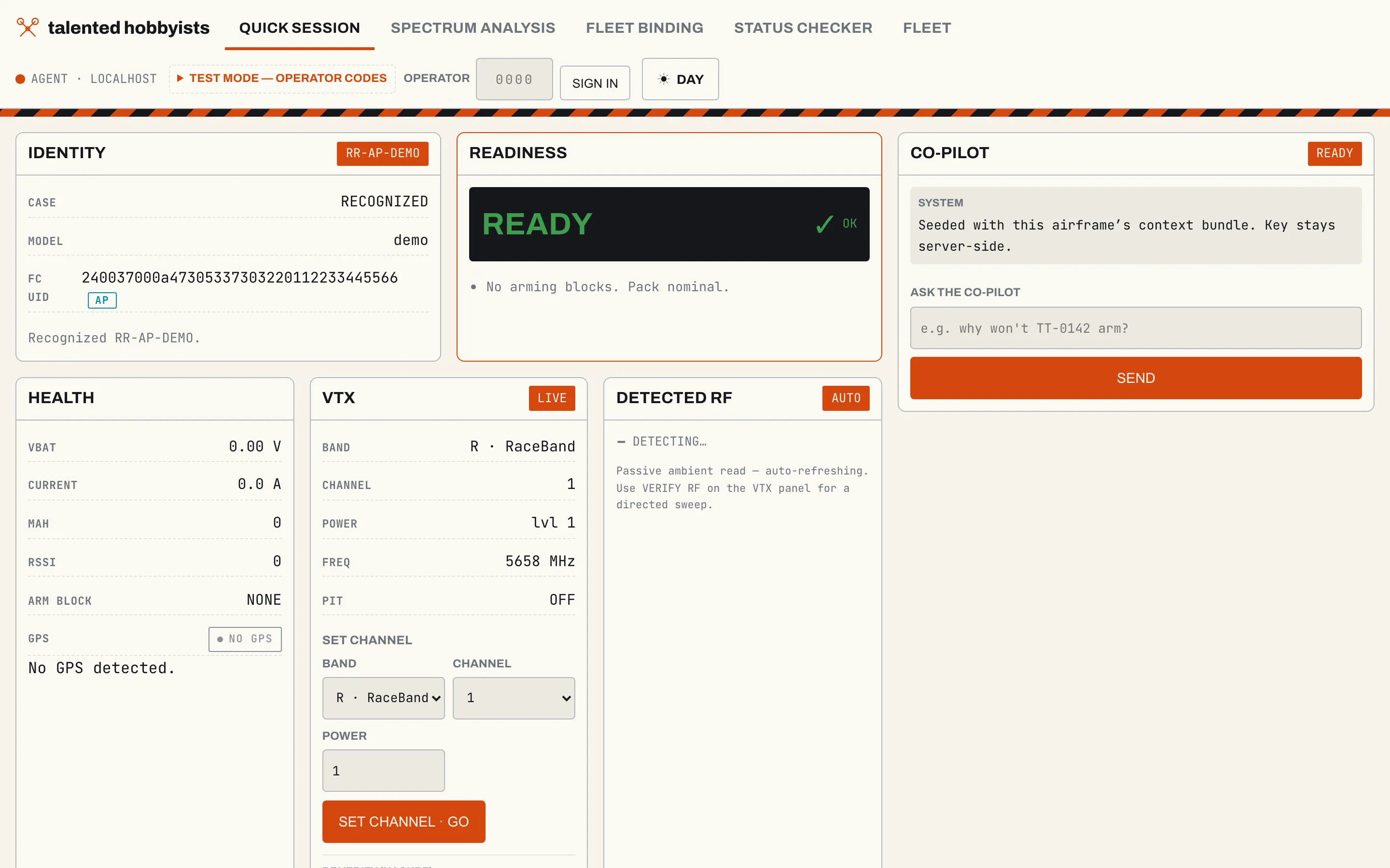 Light dashboard with identity, readiness, health, video-transmitter, and co-pilot panels for a recognized ArduPilot drone.