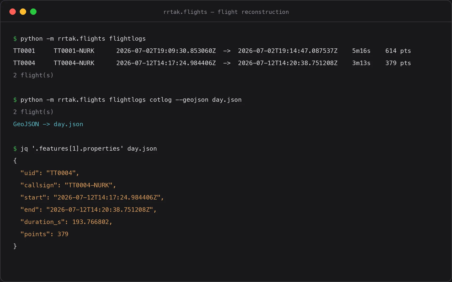 Terminal window showing two flight rows with start and end timestamps, durations, and point counts, then a jq dump of one exported GeoJSON feature's properties.