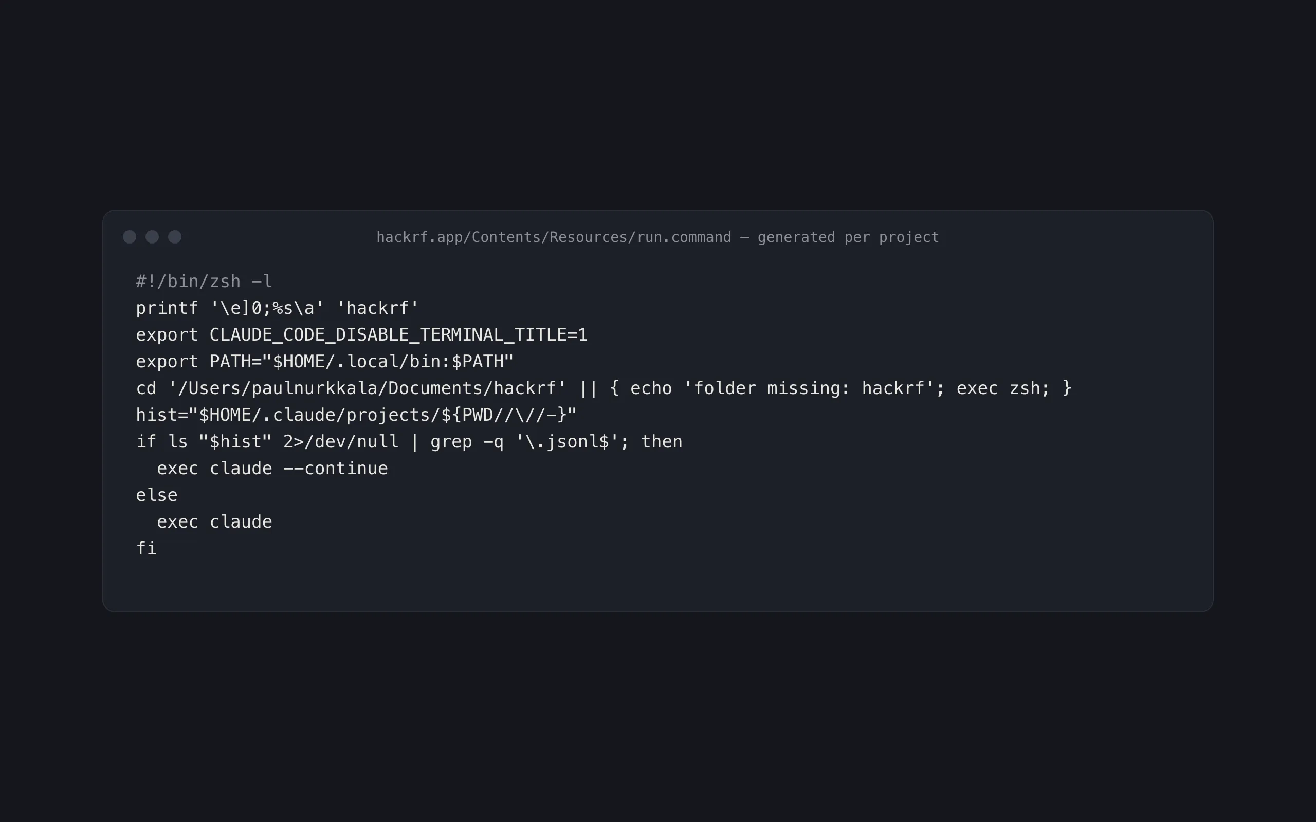 Dark terminal-style card showing a nine-line zsh script for the hackrf project.
