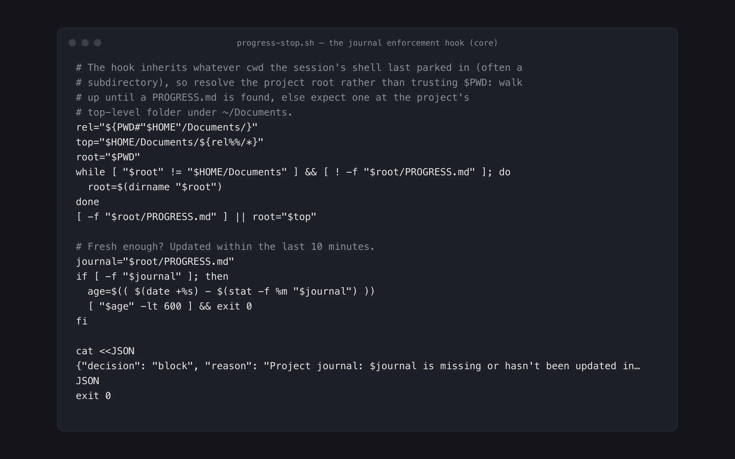 Dark terminal-style card showing commented bash with a while loop and a JSON heredoc.