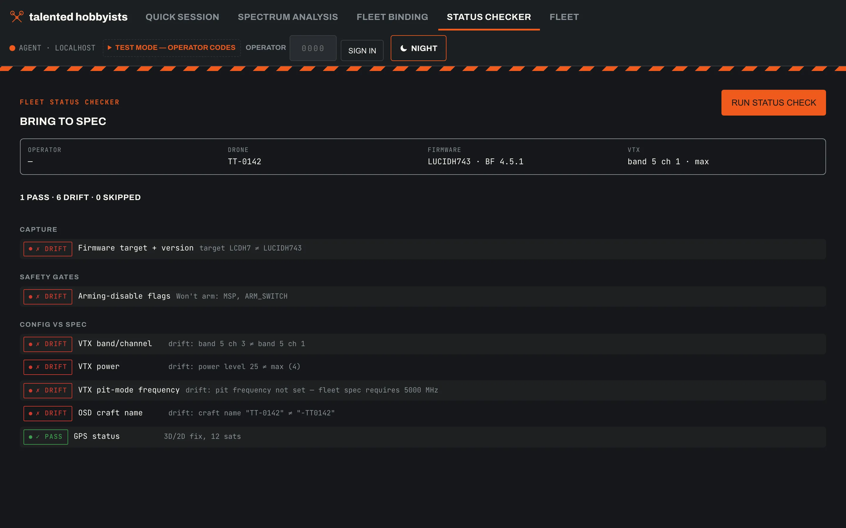 Dark checklist showing DRIFT rows for firmware target, arming flags, video-transmitter band/channel/power/pit frequency, and craft name, plus a passing GPS row.