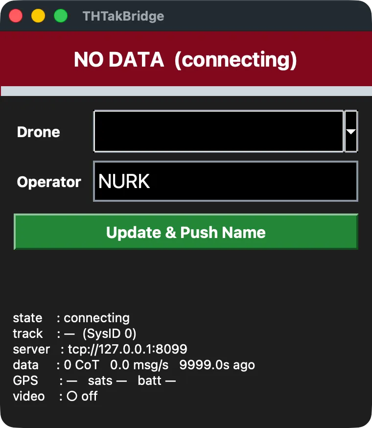 The same window with a dark-red "NO DATA (connecting)" banner, an empty drone field, and all stats showing em-dashes.